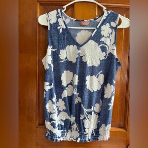 Blue and White Floral Denim look sleeveless blouse.